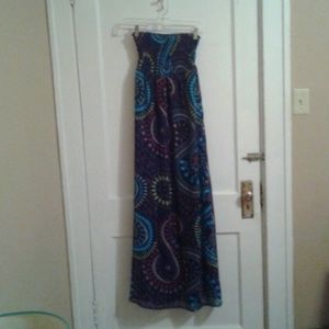 Brightly patterned purple maxi dress
